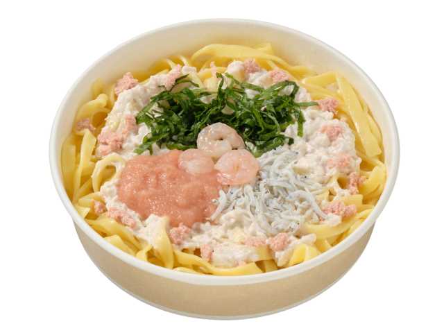 SEJ_Fresh,pasta,with,cod,roe,cream,shrimp,perilla,and,whitebait
生パスタ　たらこクリーム　海老と大葉とシラス