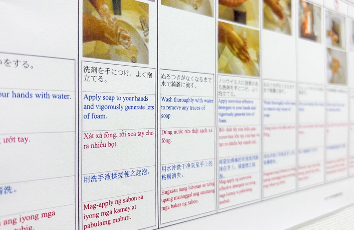 手洗い方法を多言語で可視化。言語や国籍を問わず、誰もが同じルールを守れる環境を整えています。